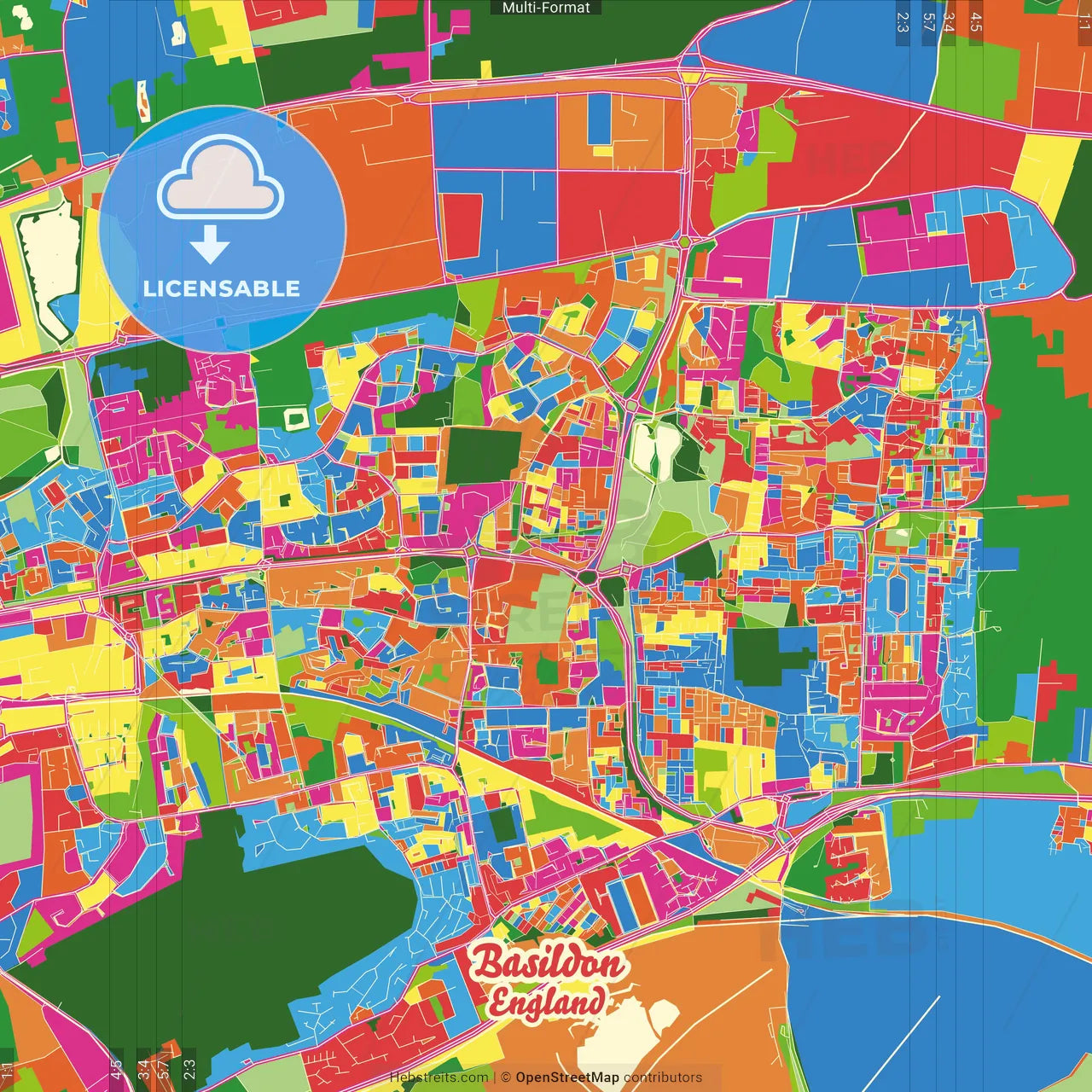 Basildon, East of England, England Crazy Colorful Street Map Poster Template