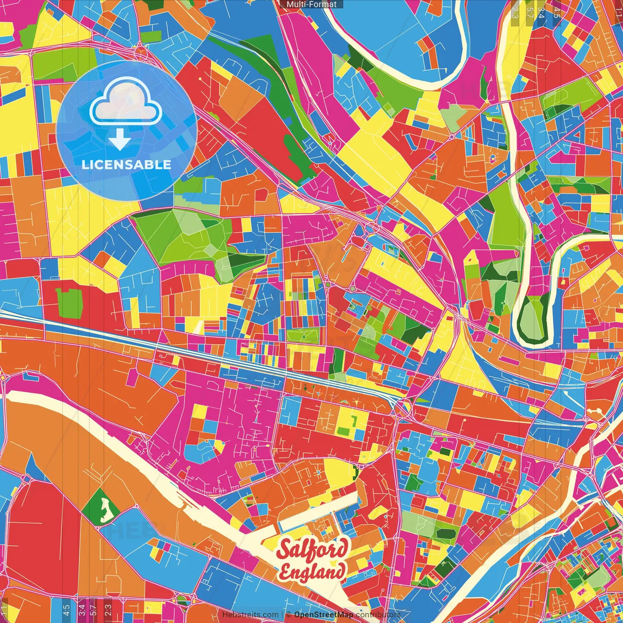 Salford, North West England, England Crazy Colorful Street Map Poster Template
