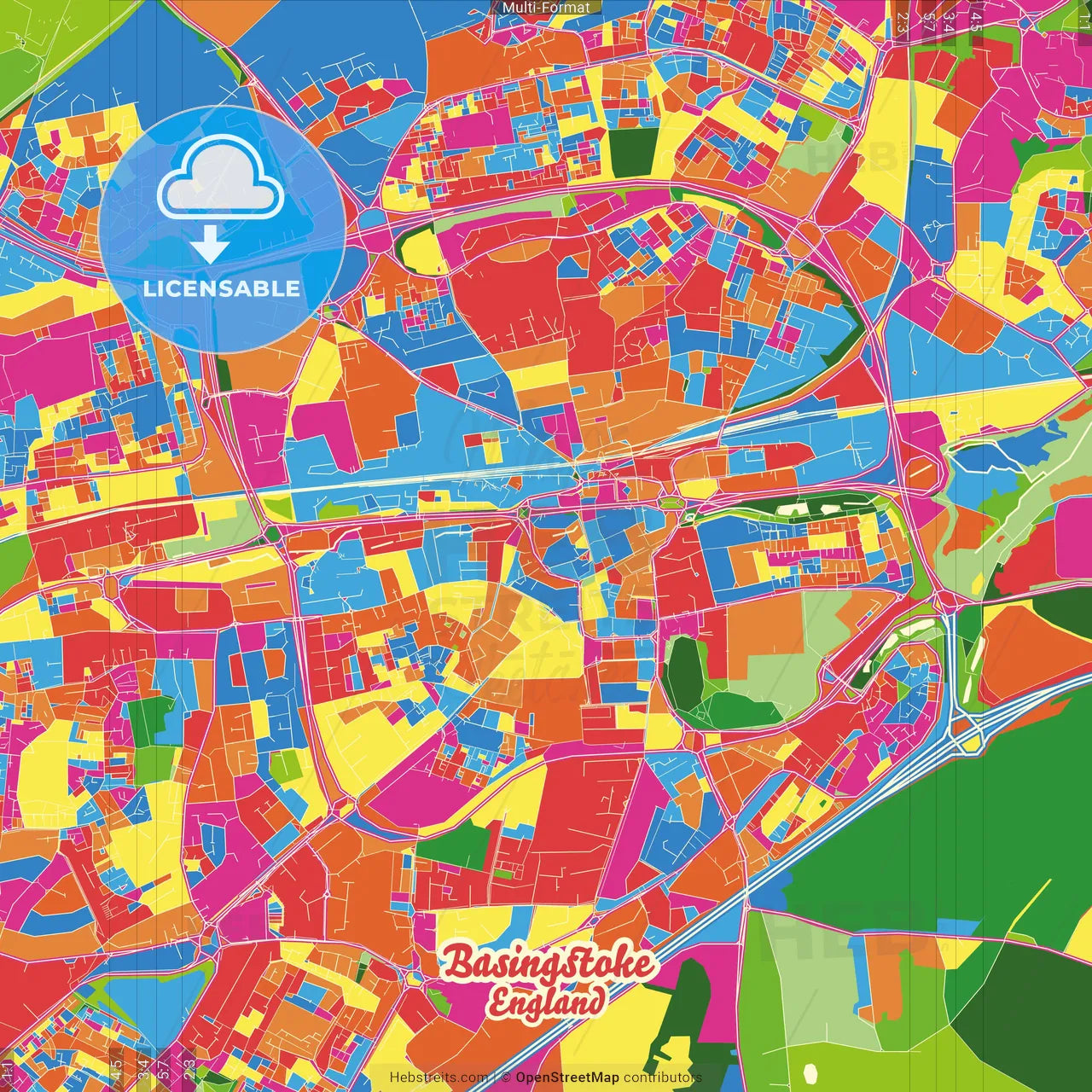 Basingstoke, South East England, England Crazy Colorful Street Map Poster Template