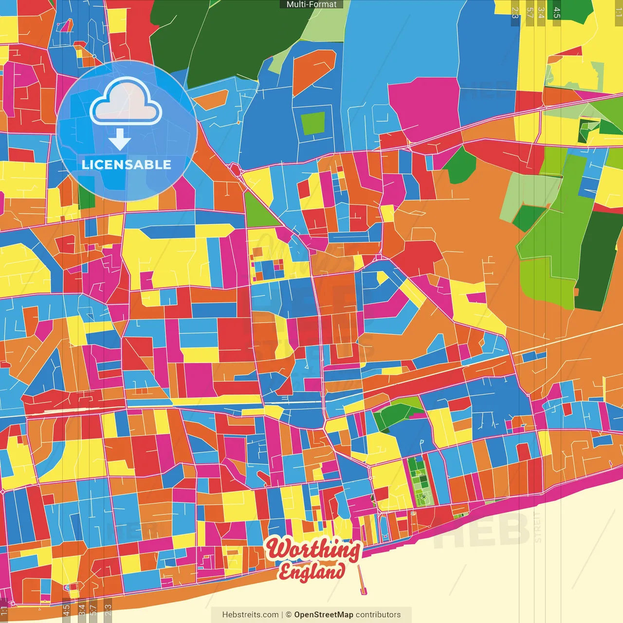 Worthing, South East England, England Crazy Colorful Street Map Poster Template