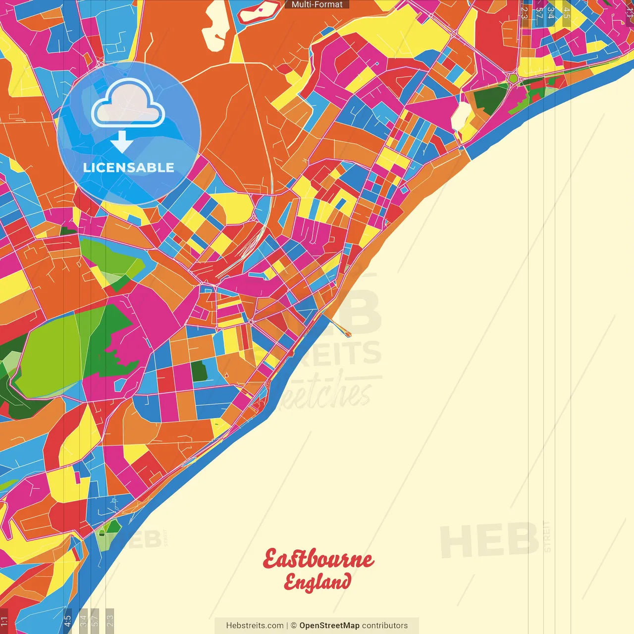Eastbourne, South East England, England Crazy Colorful Street Map Poster Template