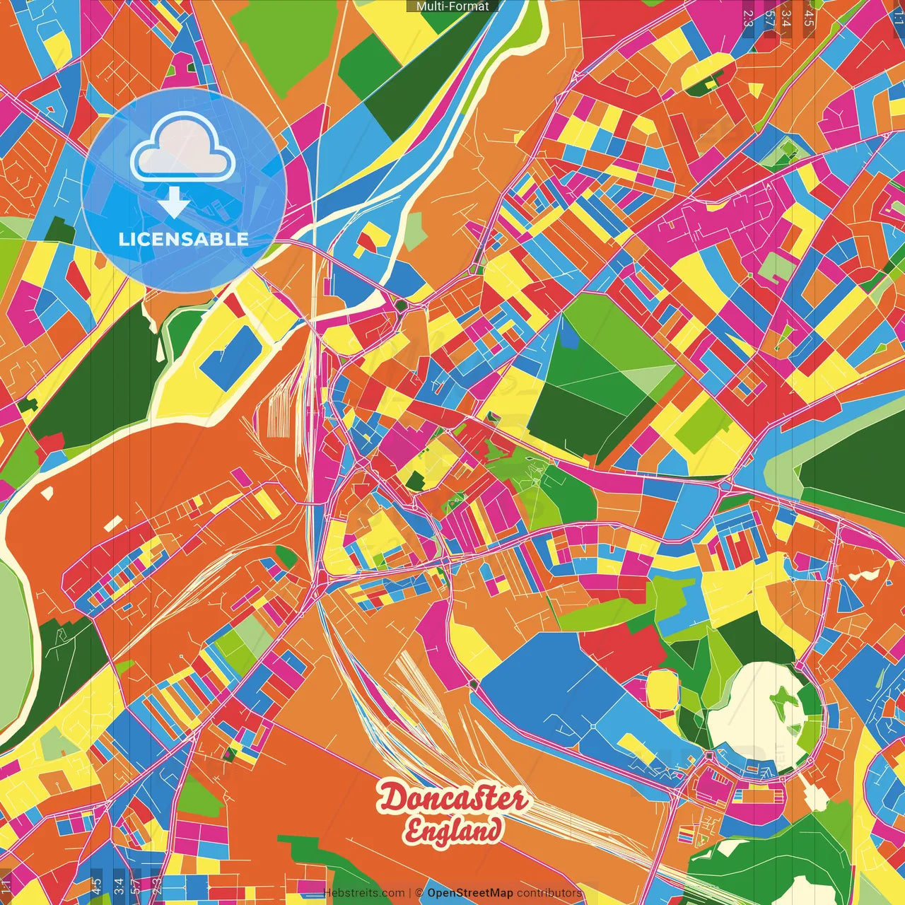 Doncaster, Yorkshire and the Humber, England Crazy Colorful Street Map Poster Template