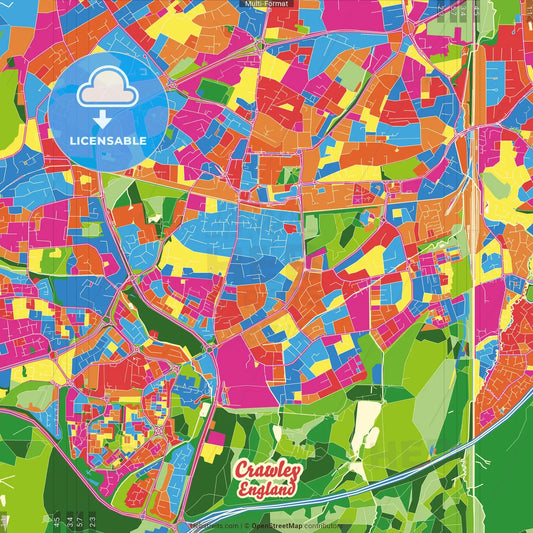 Crawley, South East England, England Crazy Colorful Street Map Poster Template