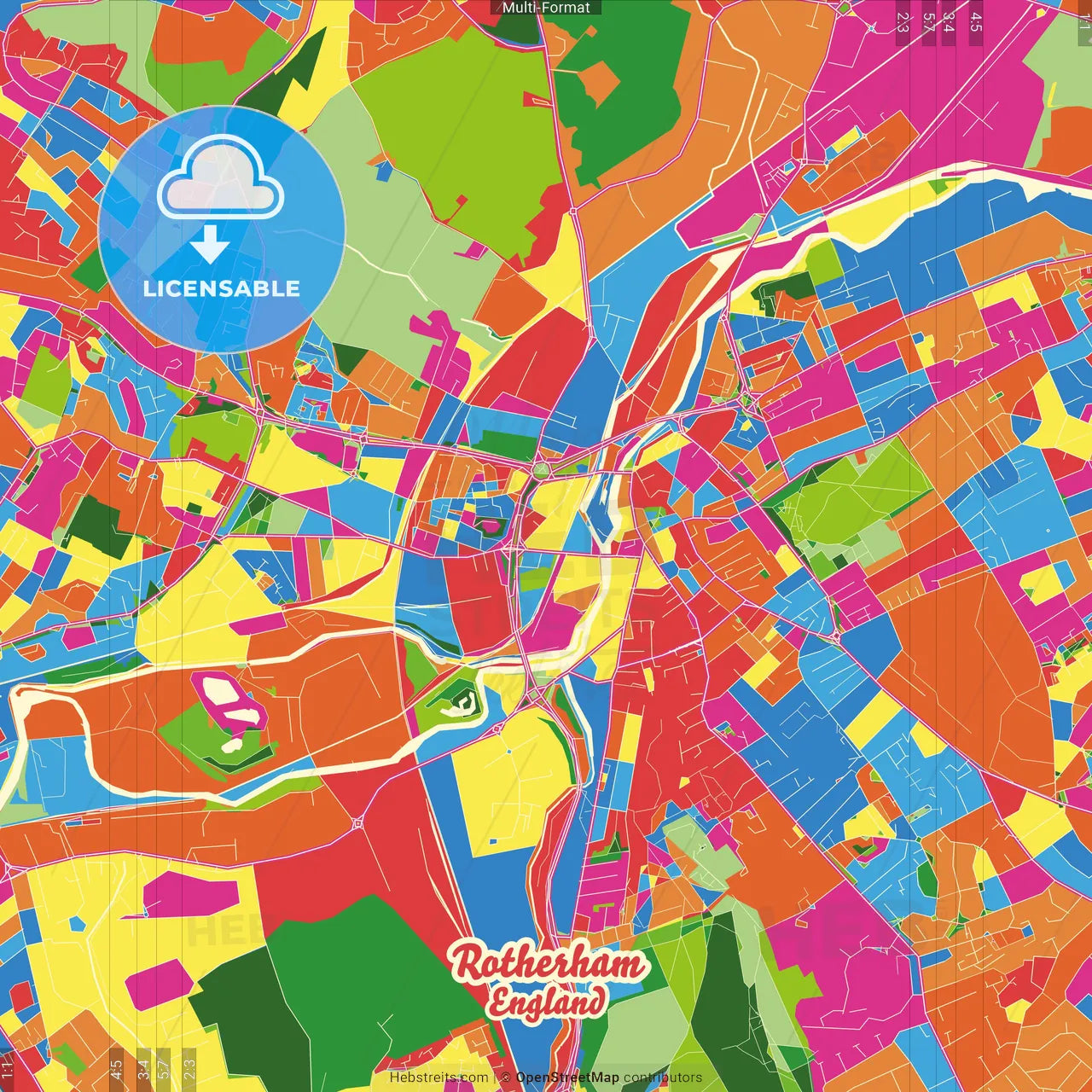 Rotherham, Yorkshire and the Humber, England Crazy Colorful Street Map Poster Template