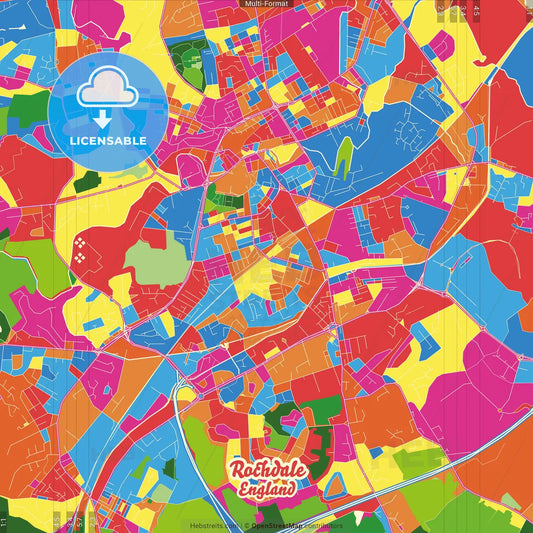 Rochdale, North West England, England Crazy Colorful Street Map Poster Template