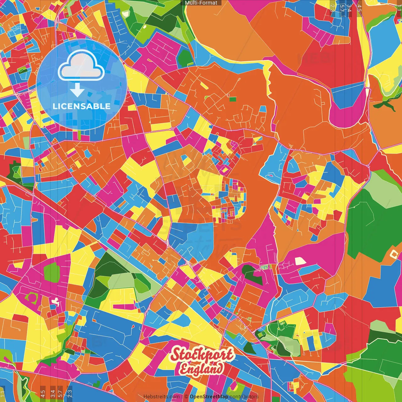 Stockport, North West England, England Crazy Colorful Street Map Poster Template
