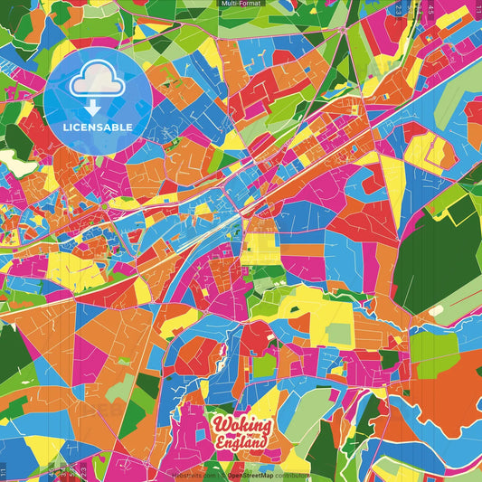 Woking, South East England, England Crazy Colorful Street Map Poster Template
