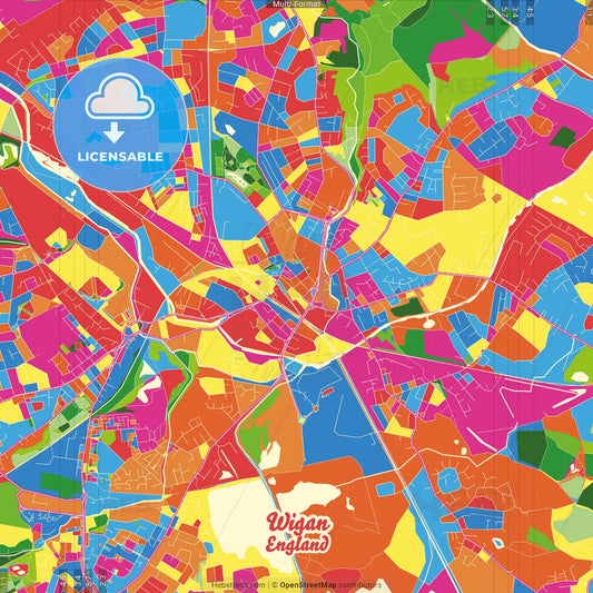 Wigan, North West England, England Crazy Colorful Street Map Poster Template