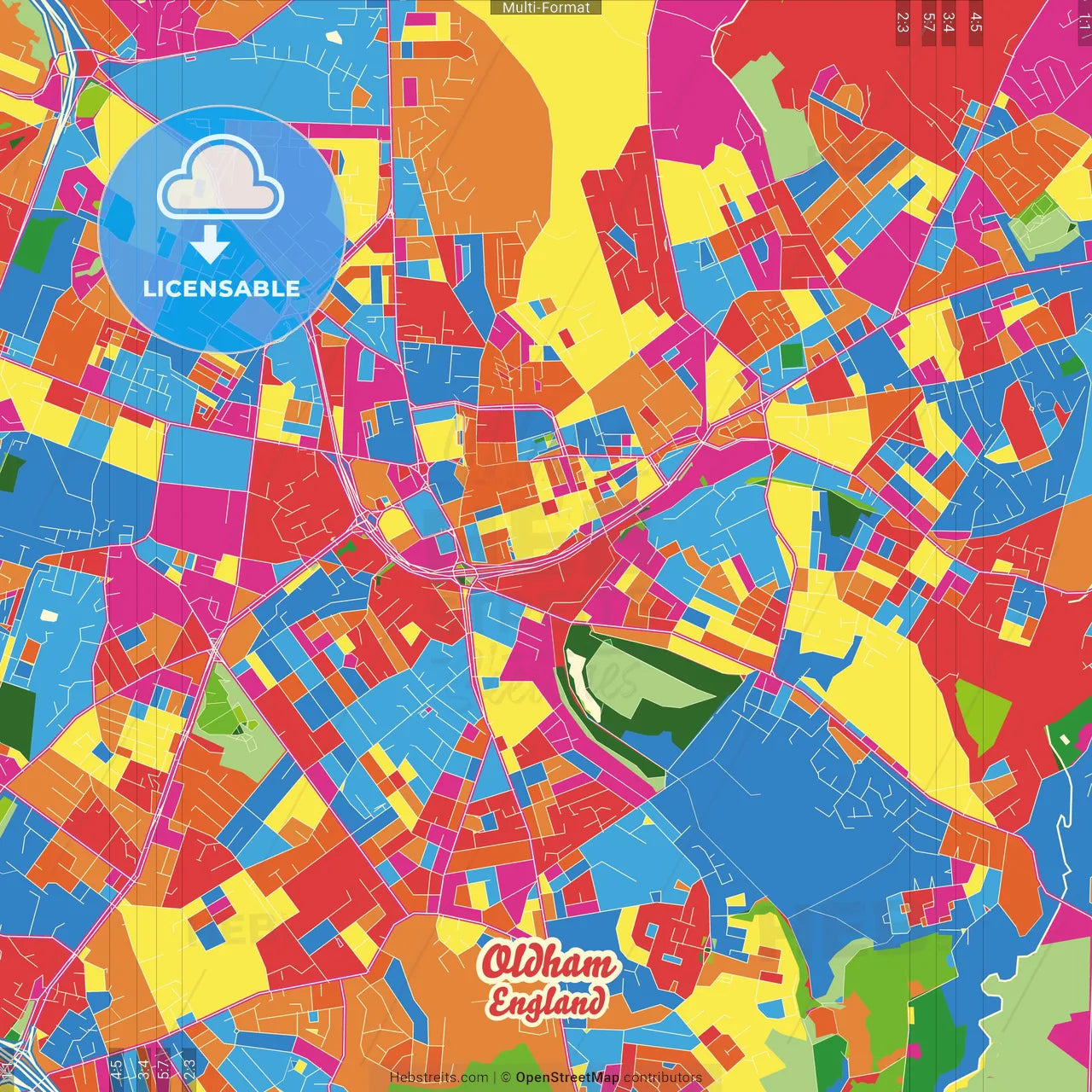 Oldham, North West England, England Crazy Colorful Street Map Poster Template