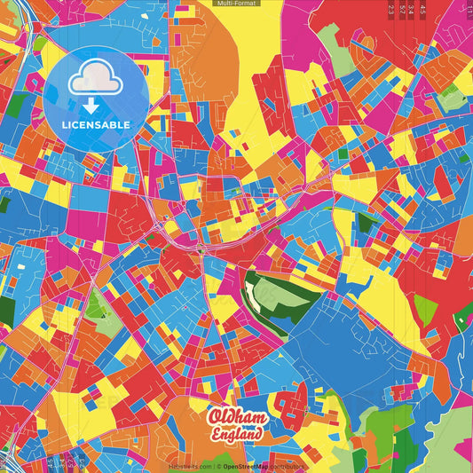 Oldham, North West England, England Crazy Colorful Street Map Poster Template
