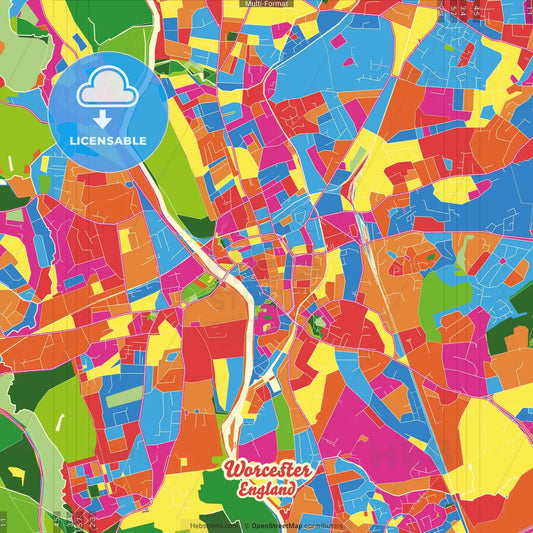 Worcester, West Midlands, England Crazy Colorful Street Map Poster Template