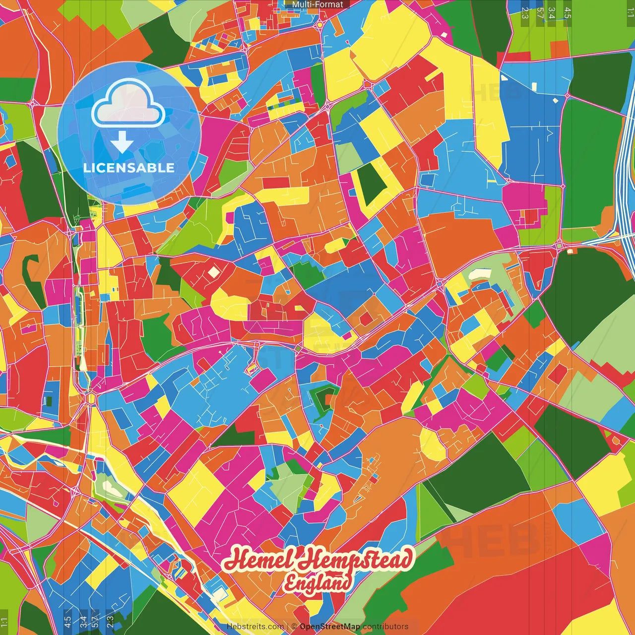 Hemel Hempstead, East of England, England Crazy Colorful Street Map Poster Template