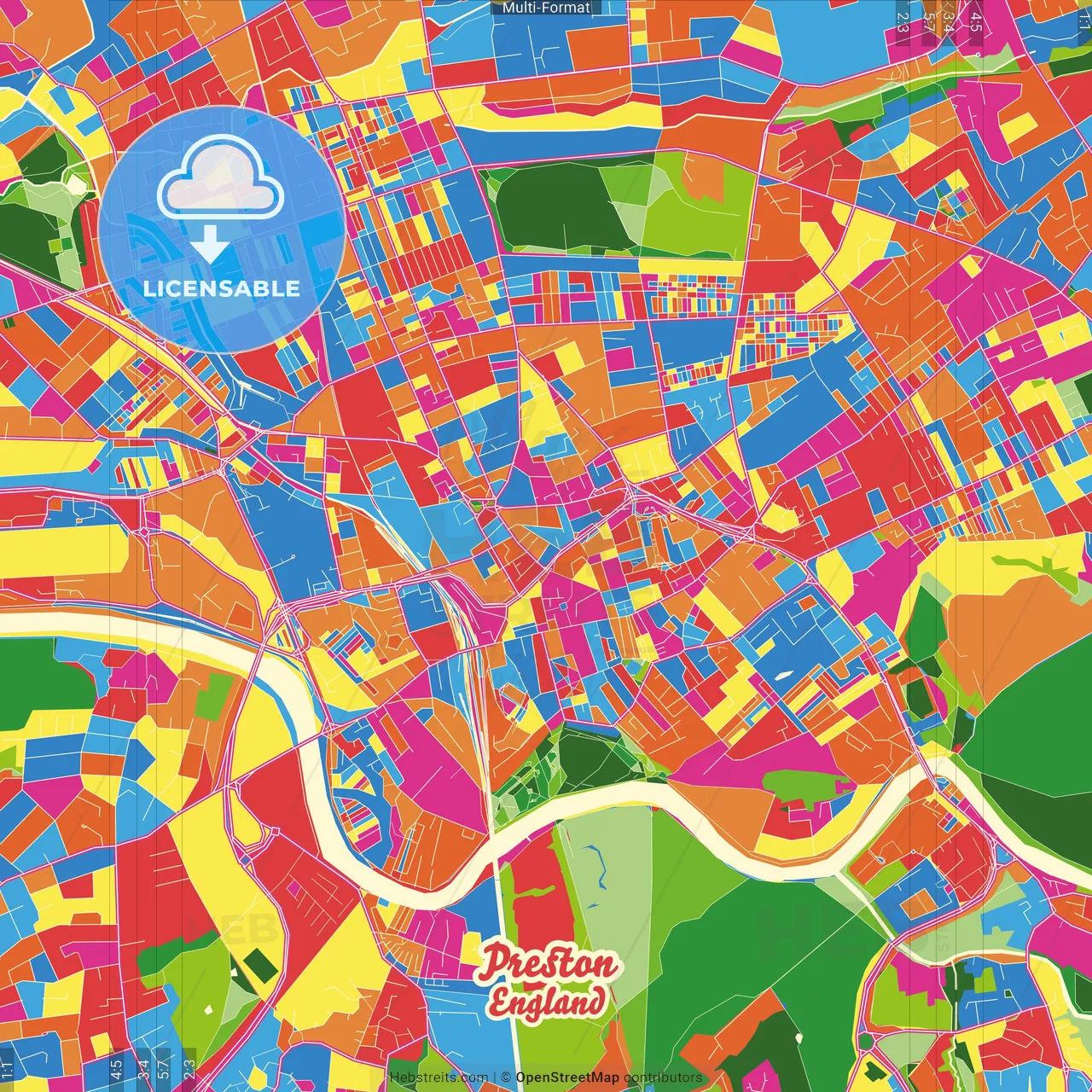 Preston, North West England, England Crazy Colorful Street Map Poster Template