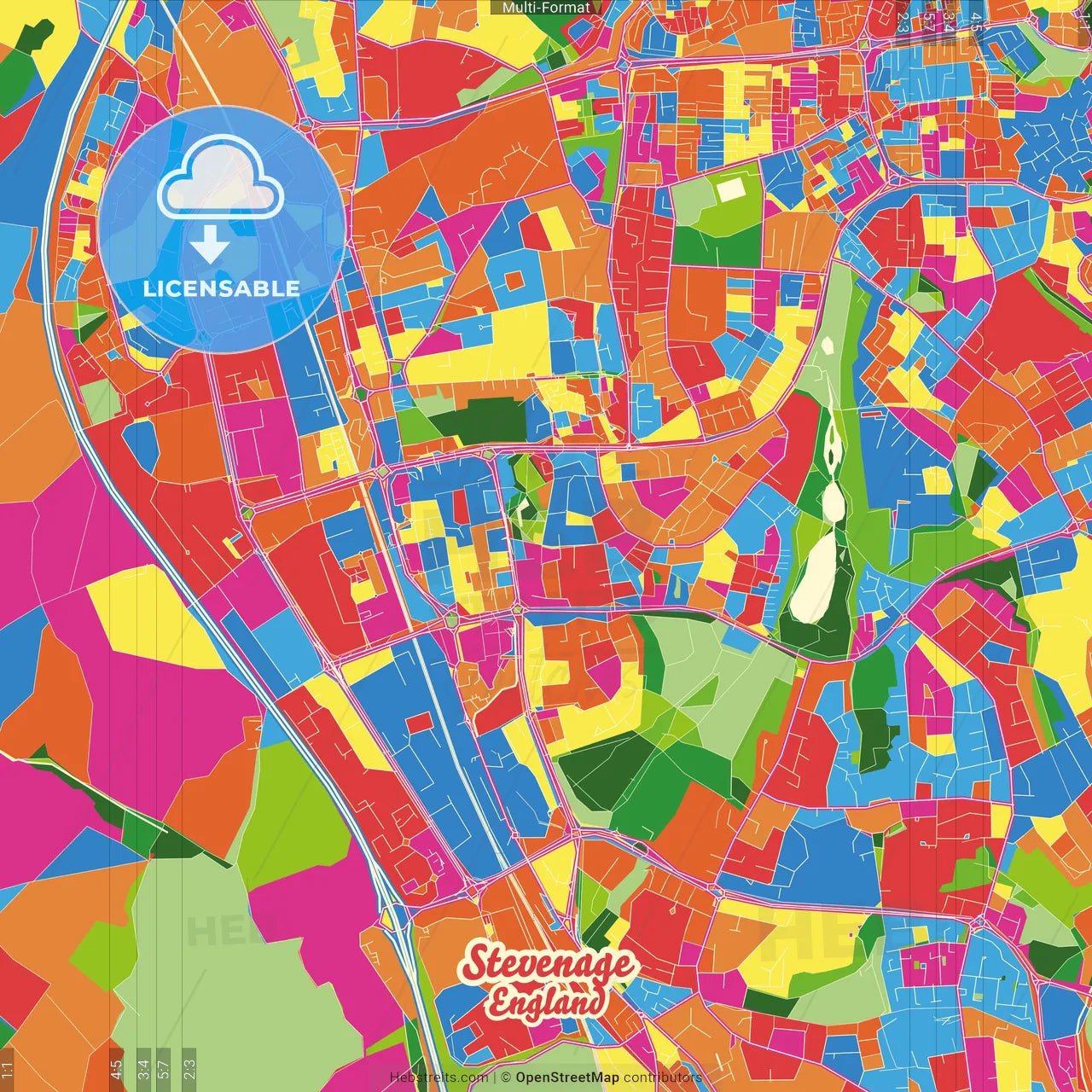 Stevenage, East of England, England Crazy Colorful Street Map Poster Template