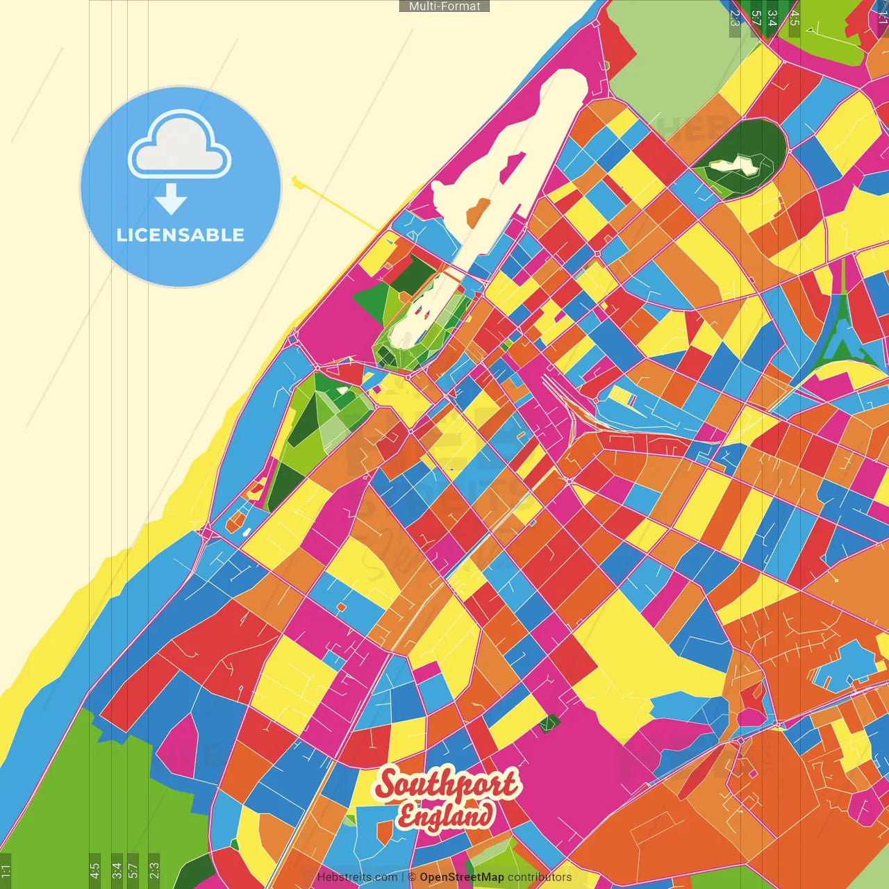 Southport, North West England, England Crazy Colorful Street Map Poster Template