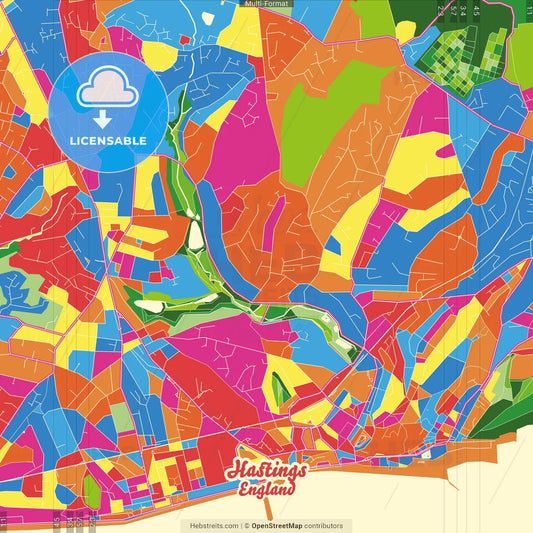Hastings, South East England, England Crazy Colorful Street Map Poster Template