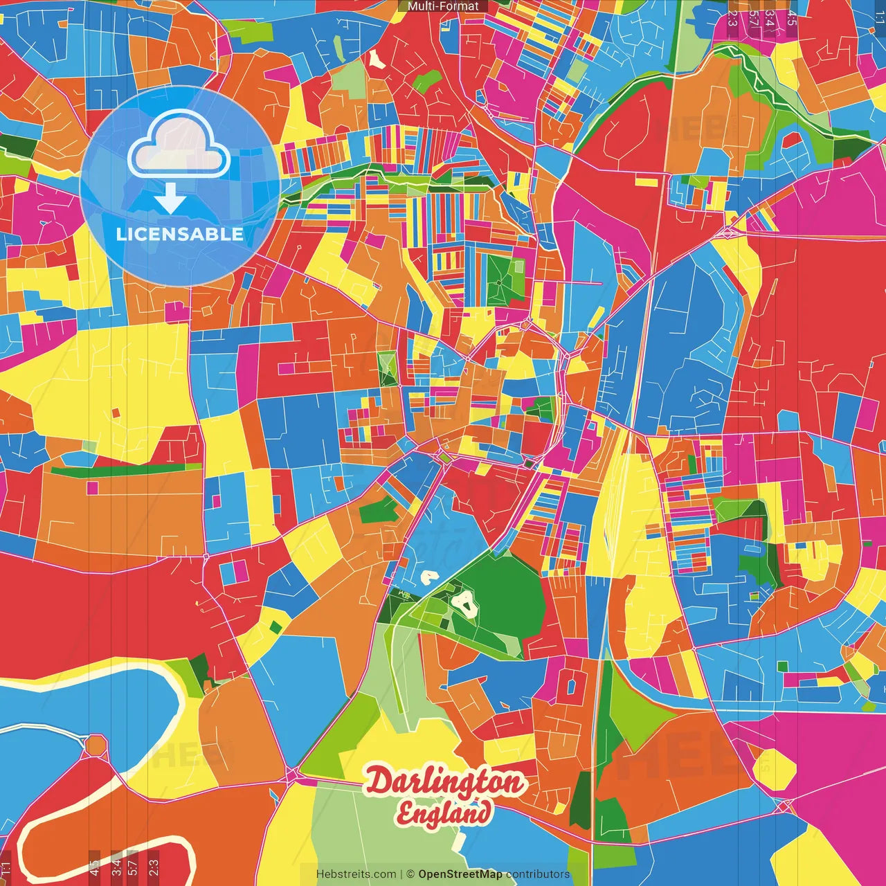 Darlington, North East England, England Crazy Colorful Street Map Poster Template
