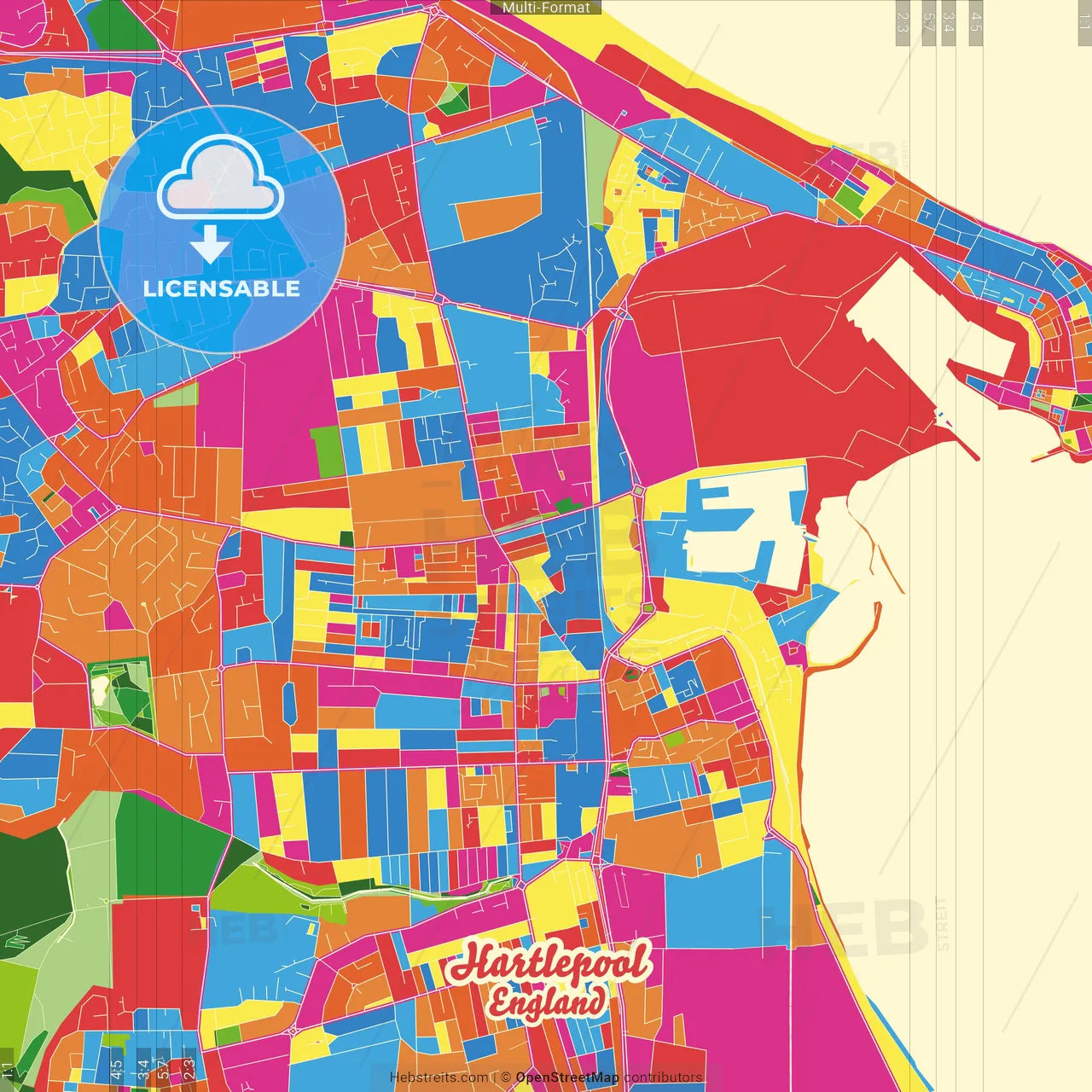 Hartlepool, North East England, England Crazy Colorful Street Map Poster Template