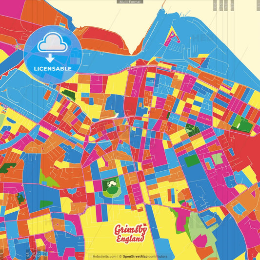 Grimsby, Yorkshire and the Humber, England Crazy Colorful Street Map Poster Template