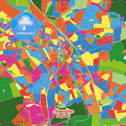 Nuneaton, West Midlands, England Crazy Colorful Street Map Poster Template