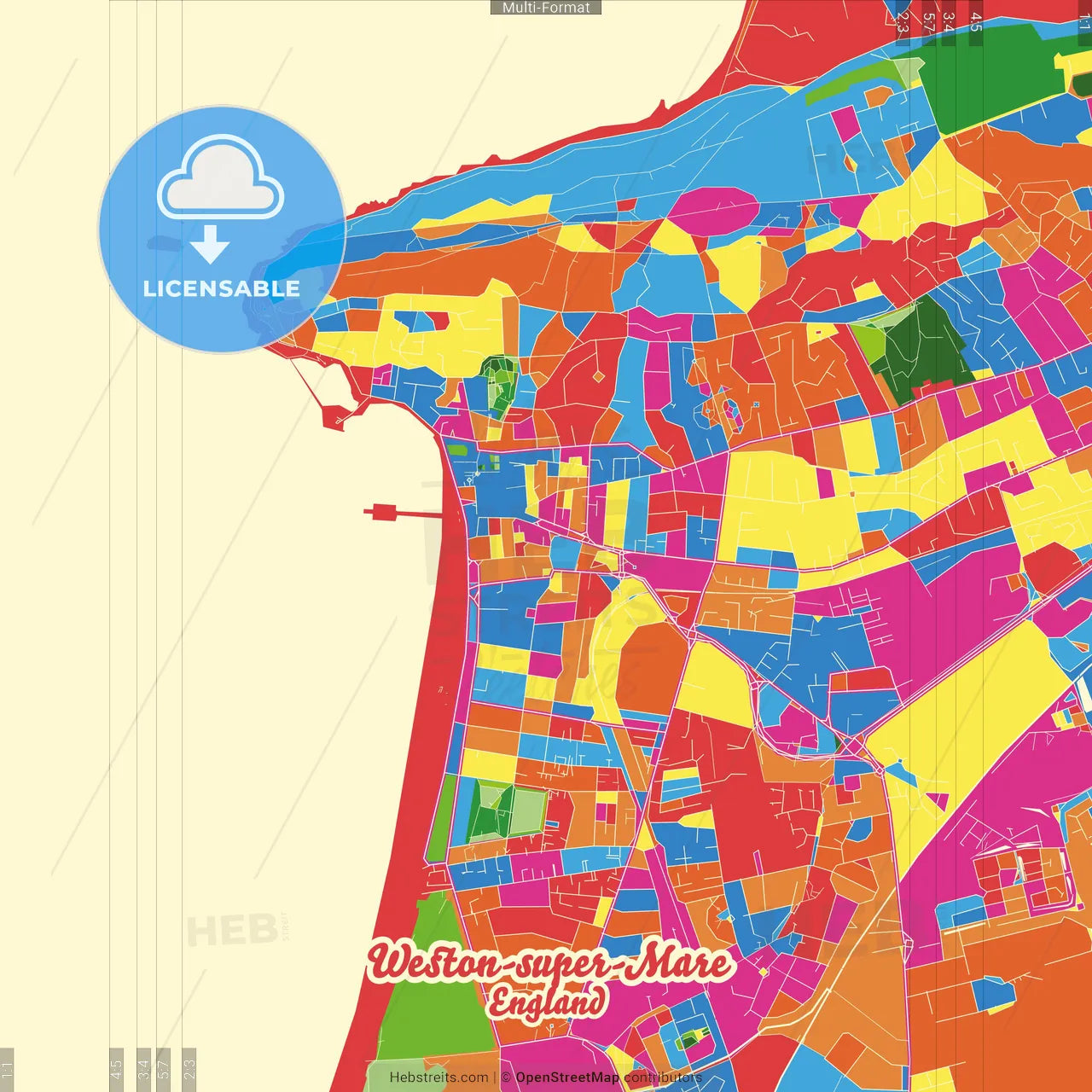 Weston-super-Mare, South West England, England Crazy Colorful Street Map Poster Template