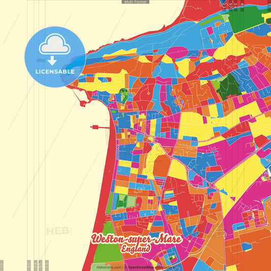 Weston-super-Mare, South West England, England Crazy Colorful Street Map Poster Template