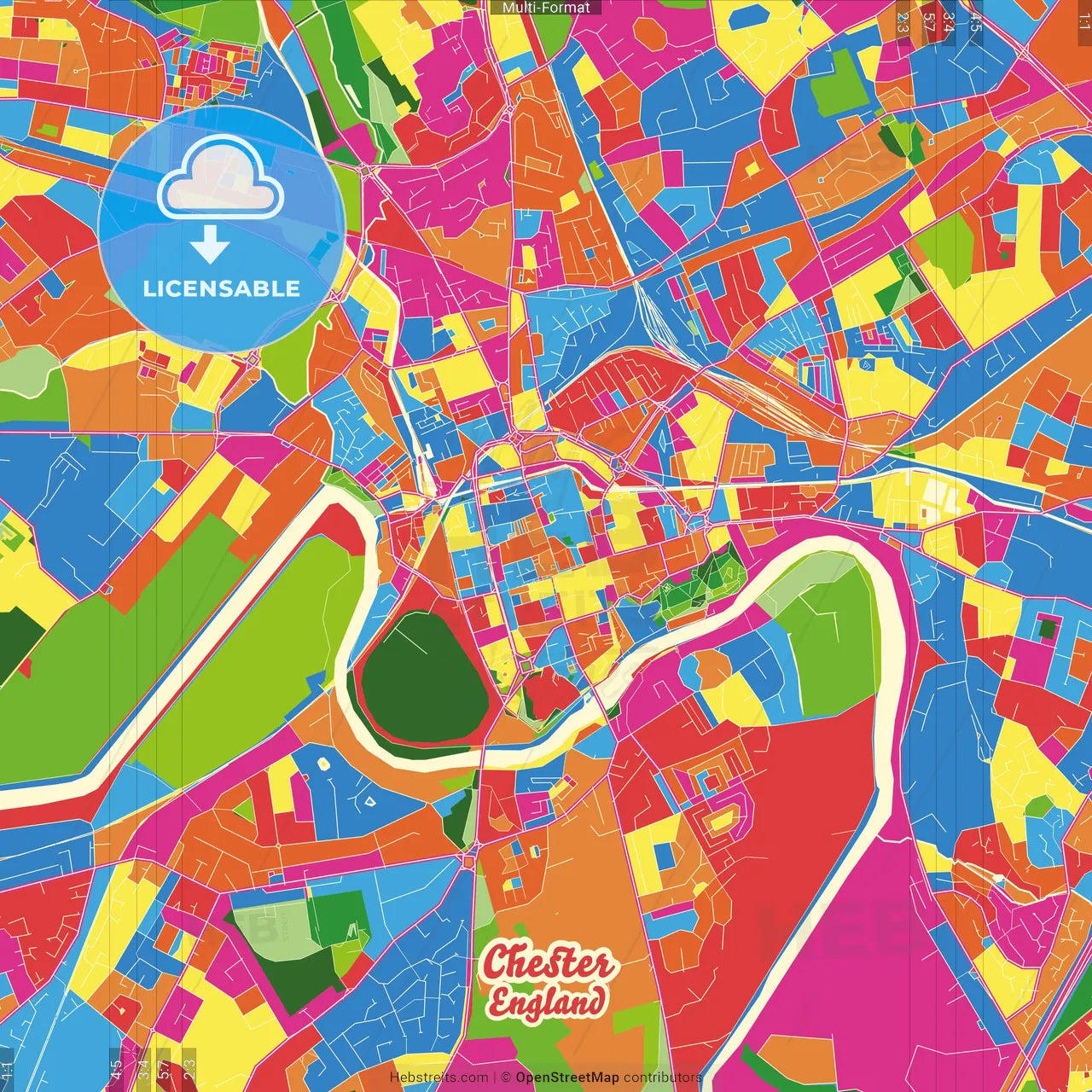 Chester, North West England, England Crazy Colorful Street Map Poster Template