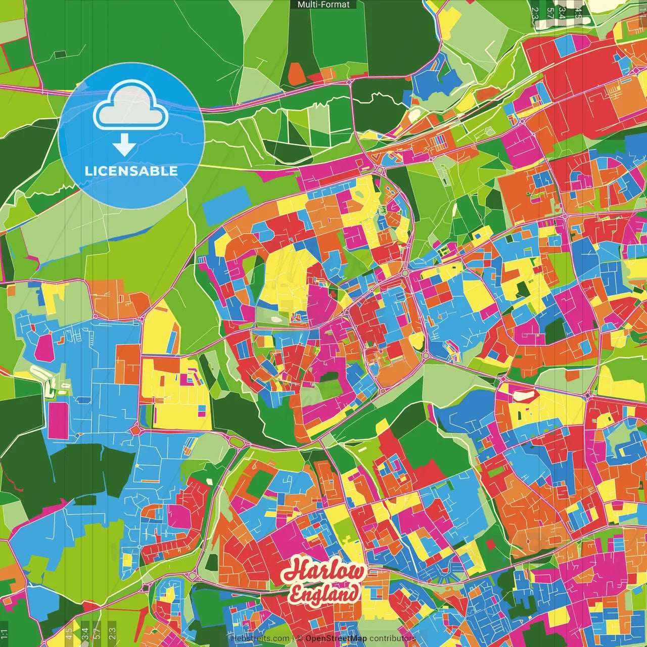 Harlow, East of England, England Crazy Colorful Street Map Poster Template