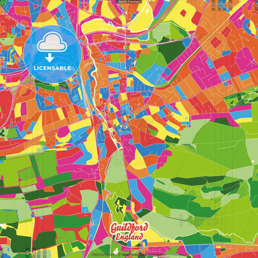 Guildford, South East England, England Crazy Colorful Street Map Poster Template