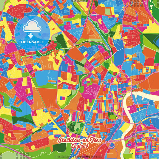 Stockton-on-Tees, North East England, England Crazy Colorful Street Map Poster Template