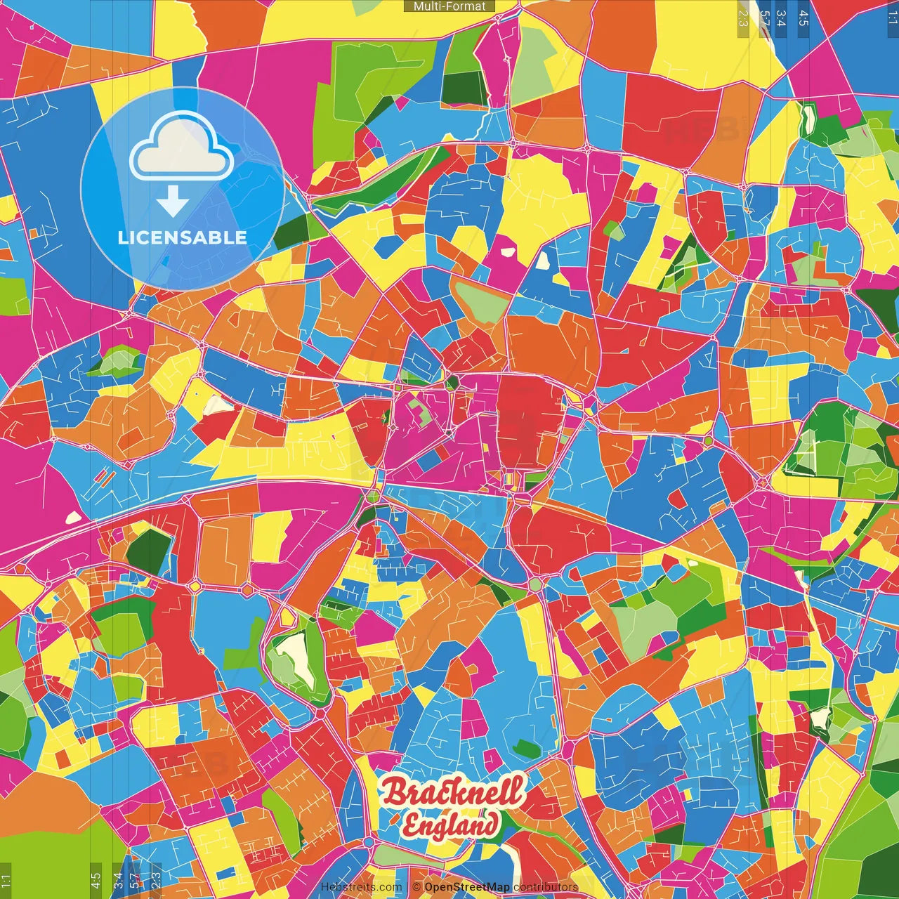 Bracknell, South East England, England Crazy Colorful Street Map Poster Template