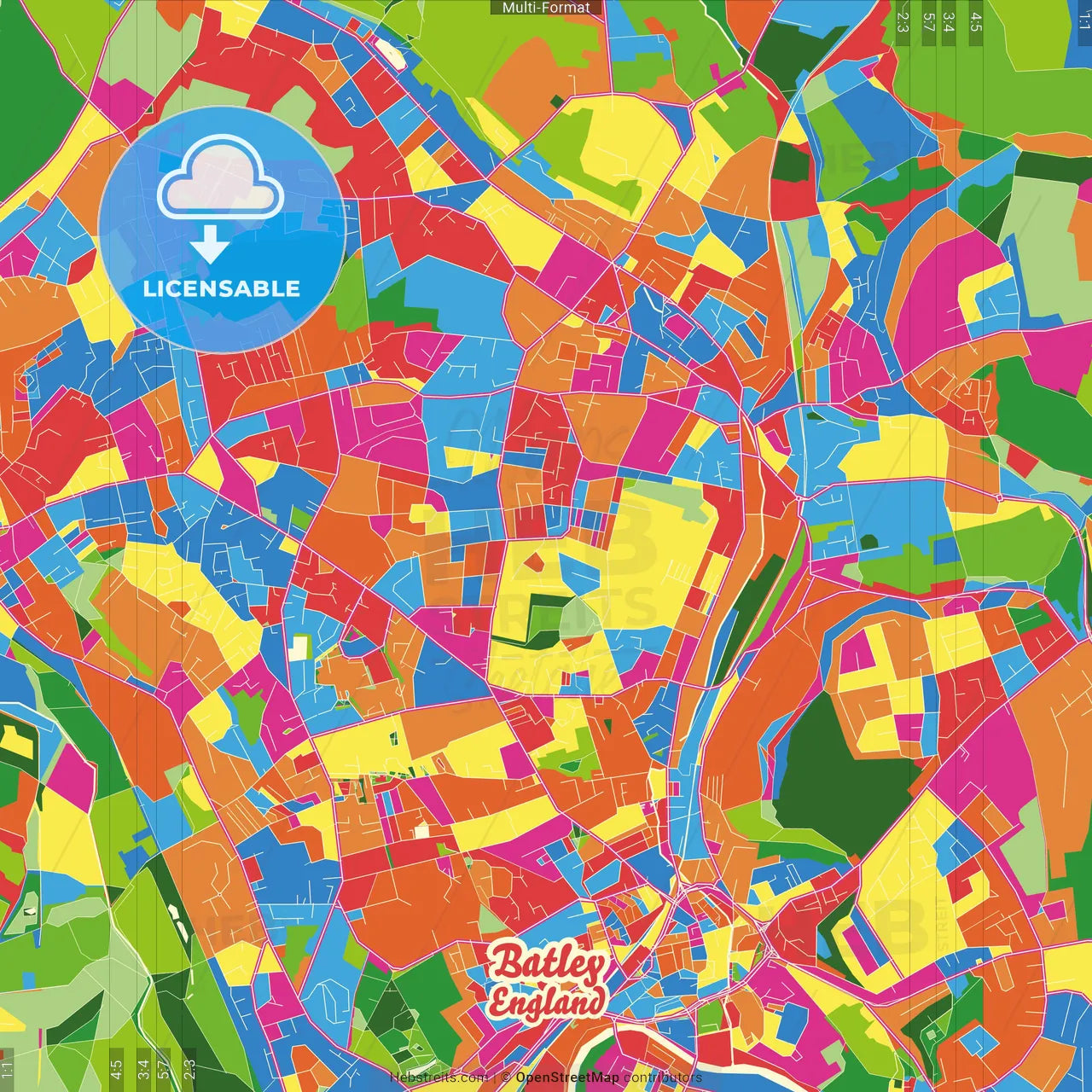 Batley, Yorkshire and the Humber, England Crazy Colorful Street Map Poster Template