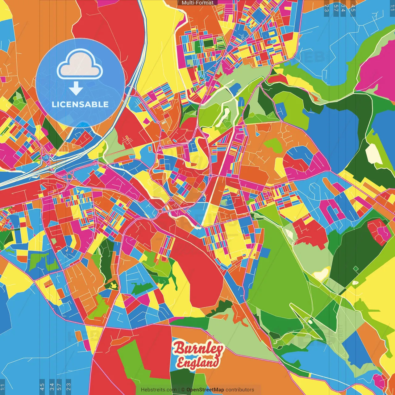 Burnley, North West England, England Crazy Colorful Street Map Poster Template