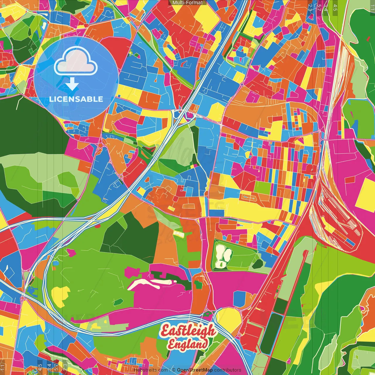 Eastleigh, South East England, England Crazy Colorful Street Map Poster Template