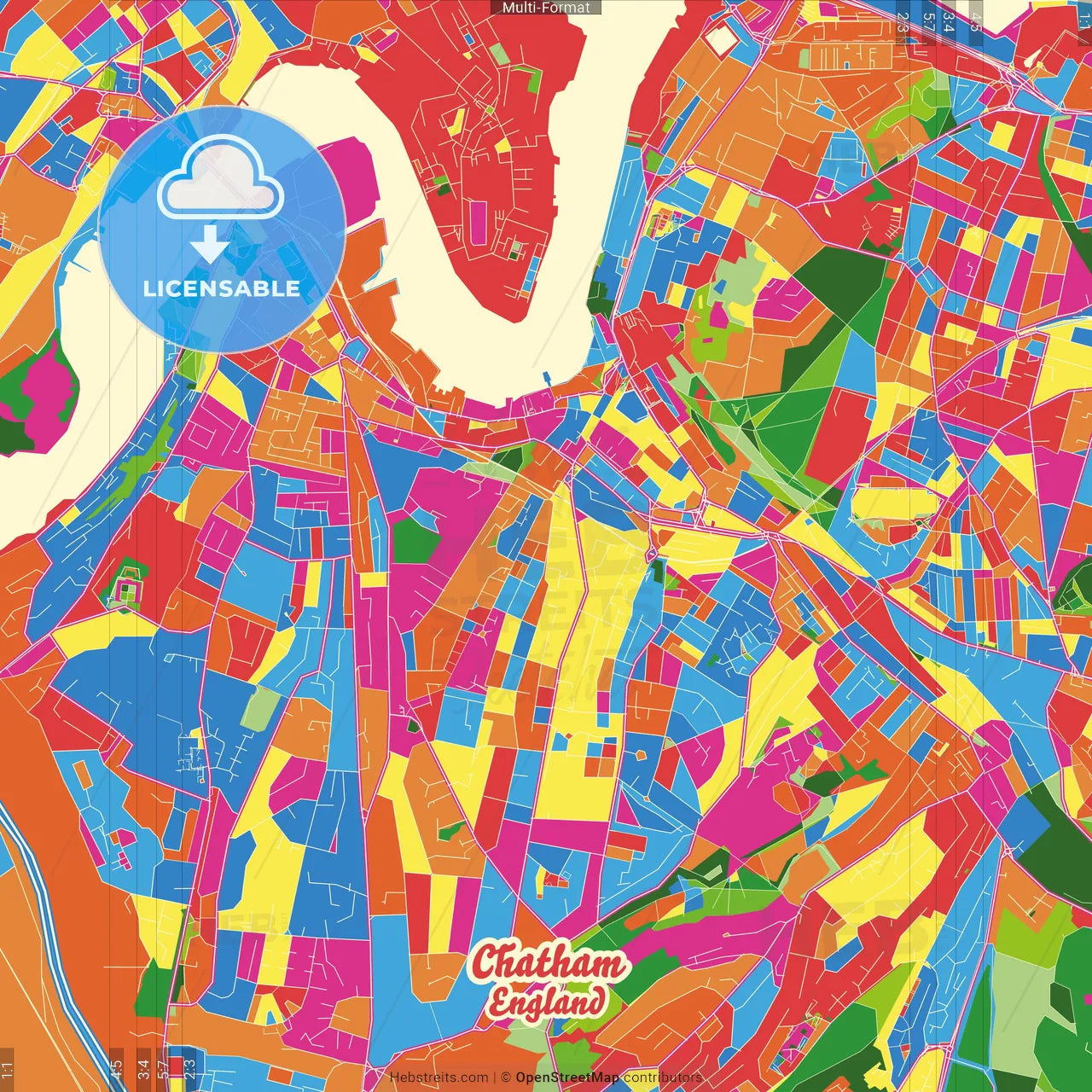 Chatham, South East England, England Crazy Colorful Street Map Poster Template