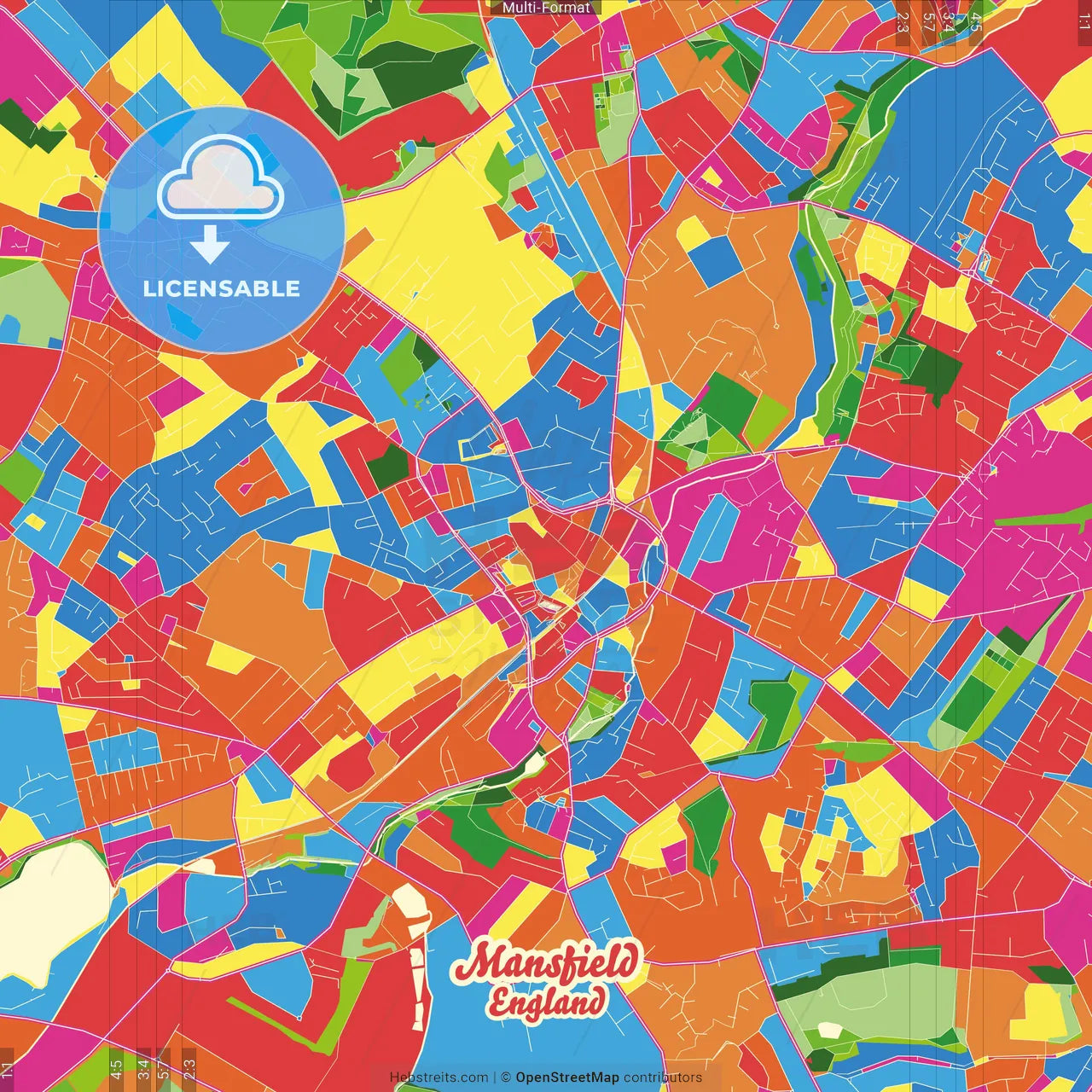 Mansfield, East Midlands, England Crazy Colorful Street Map Poster Template