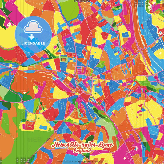 Newcastle-under-Lyme, West Midlands, England Crazy Colorful Street Map Poster Template