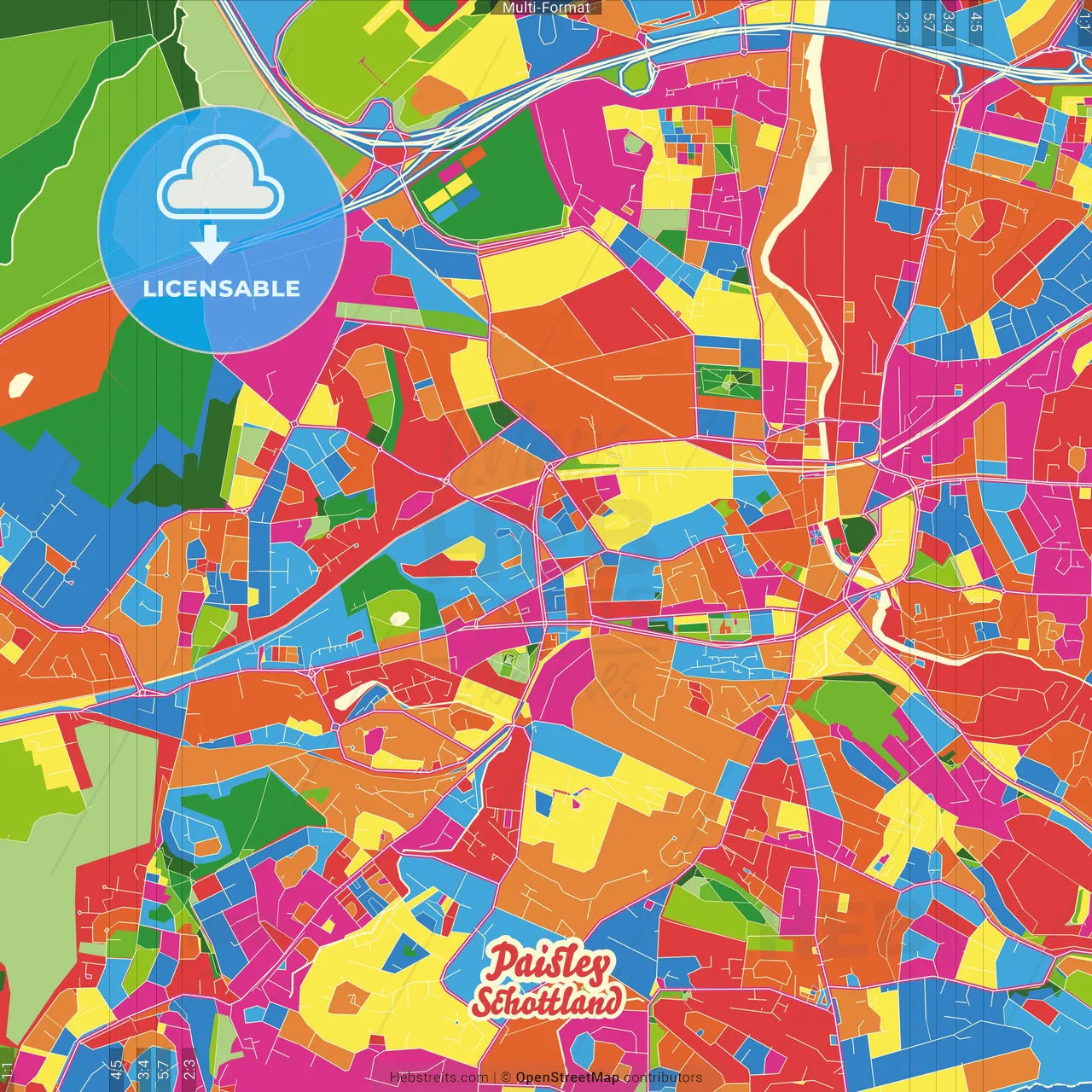 Paisley, Renfrewshire, Scotland Crazy Colorful Street Map Poster Template