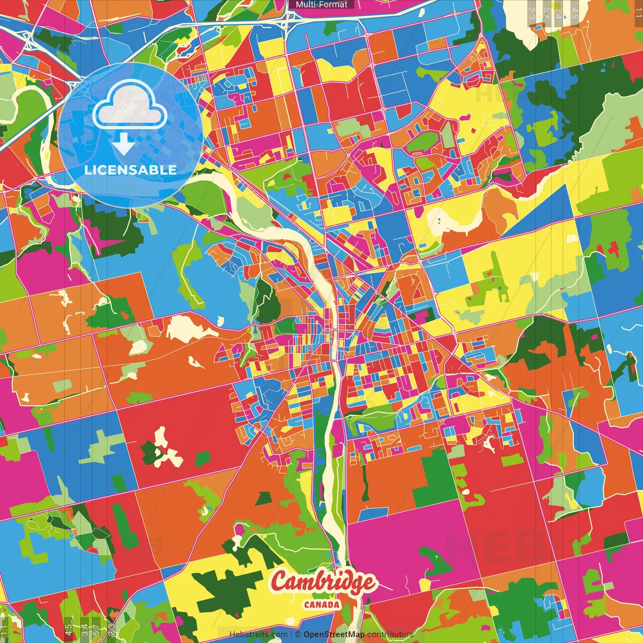 Cambridge, Ontario, Canada Crazy Colorful Street Map Poster Template