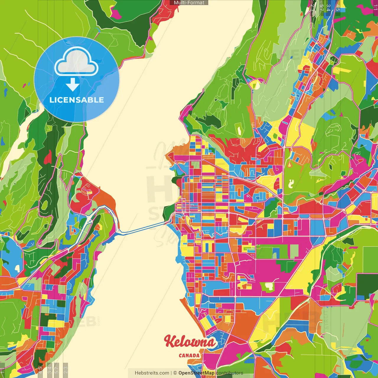 Kelowna, British Columbia, Canada Crazy Colorful Street Map Poster Template
