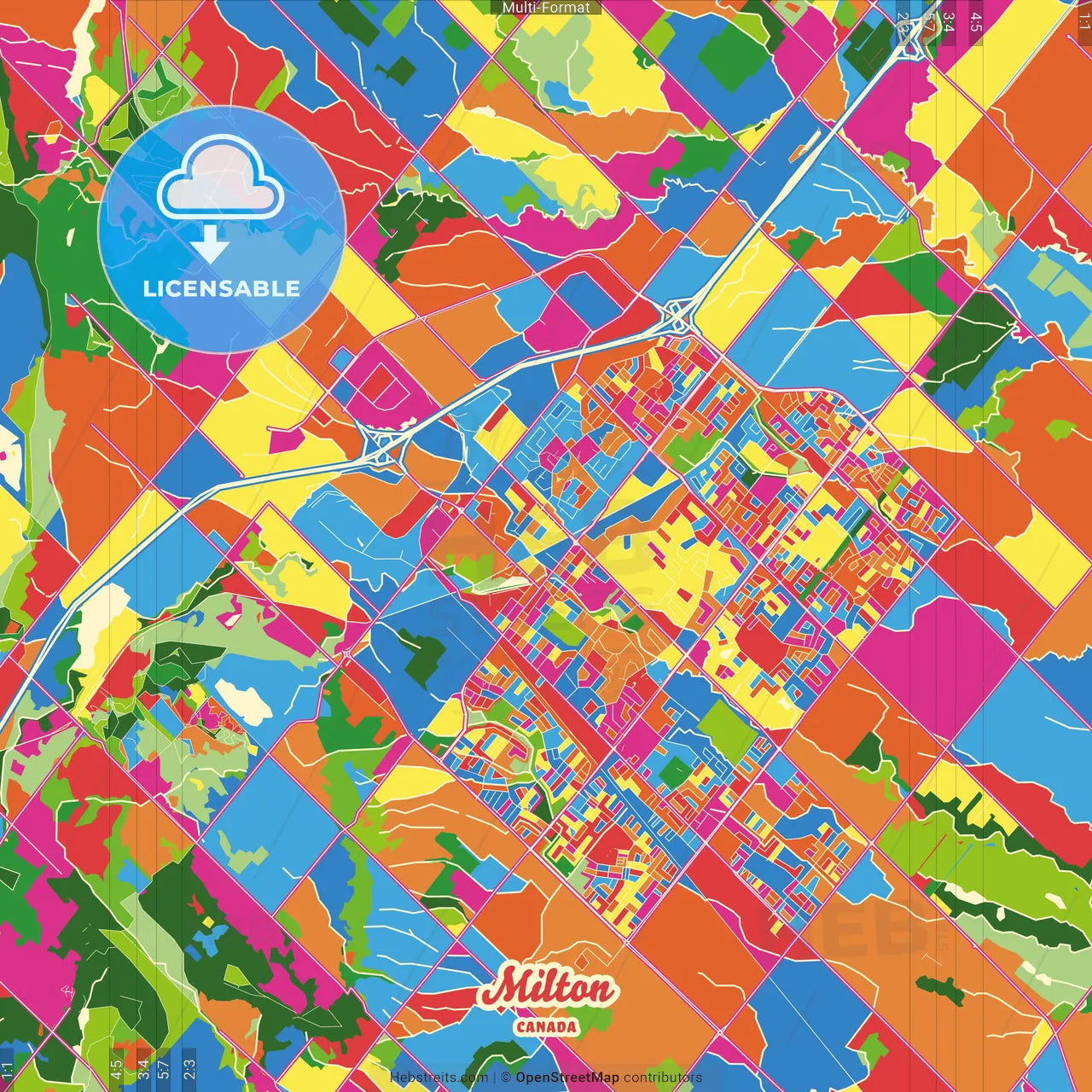 Milton, Ontario, Canada Crazy Colorful Street Map Poster Template