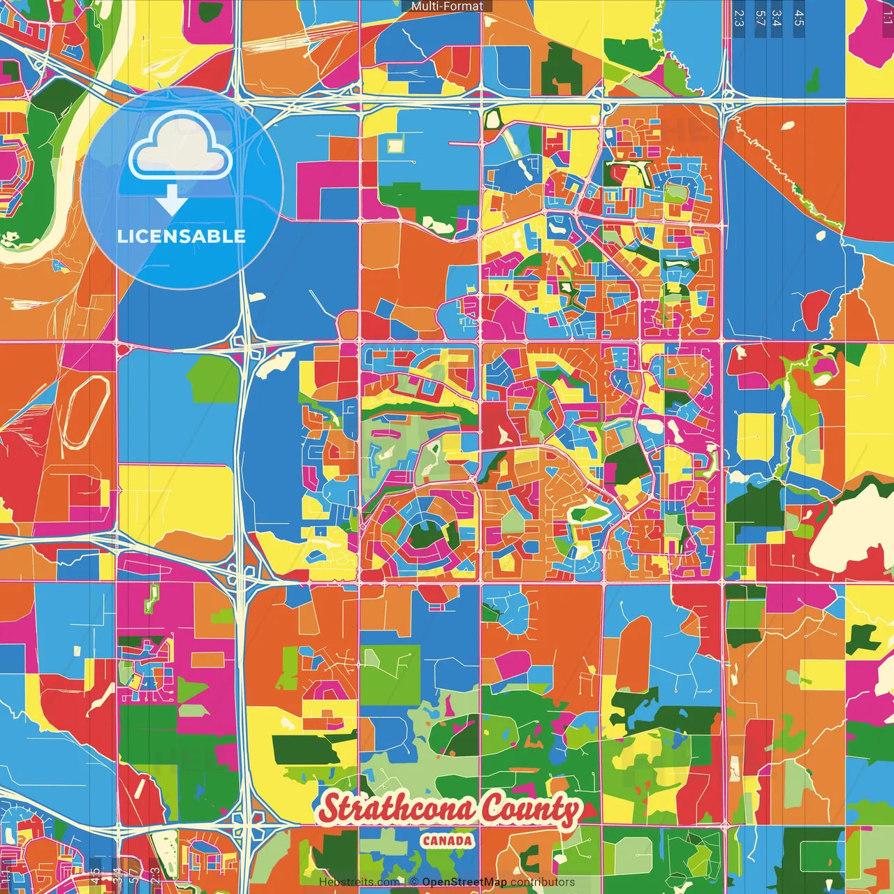 Strathcona County, Alberta, Canada Crazy Colorful Street Map Poster Template