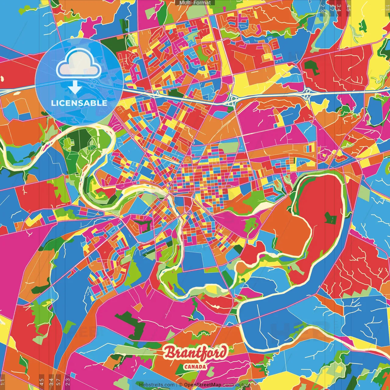 Brantford, Ontario, Canada Crazy Colorful Street Map Poster Template