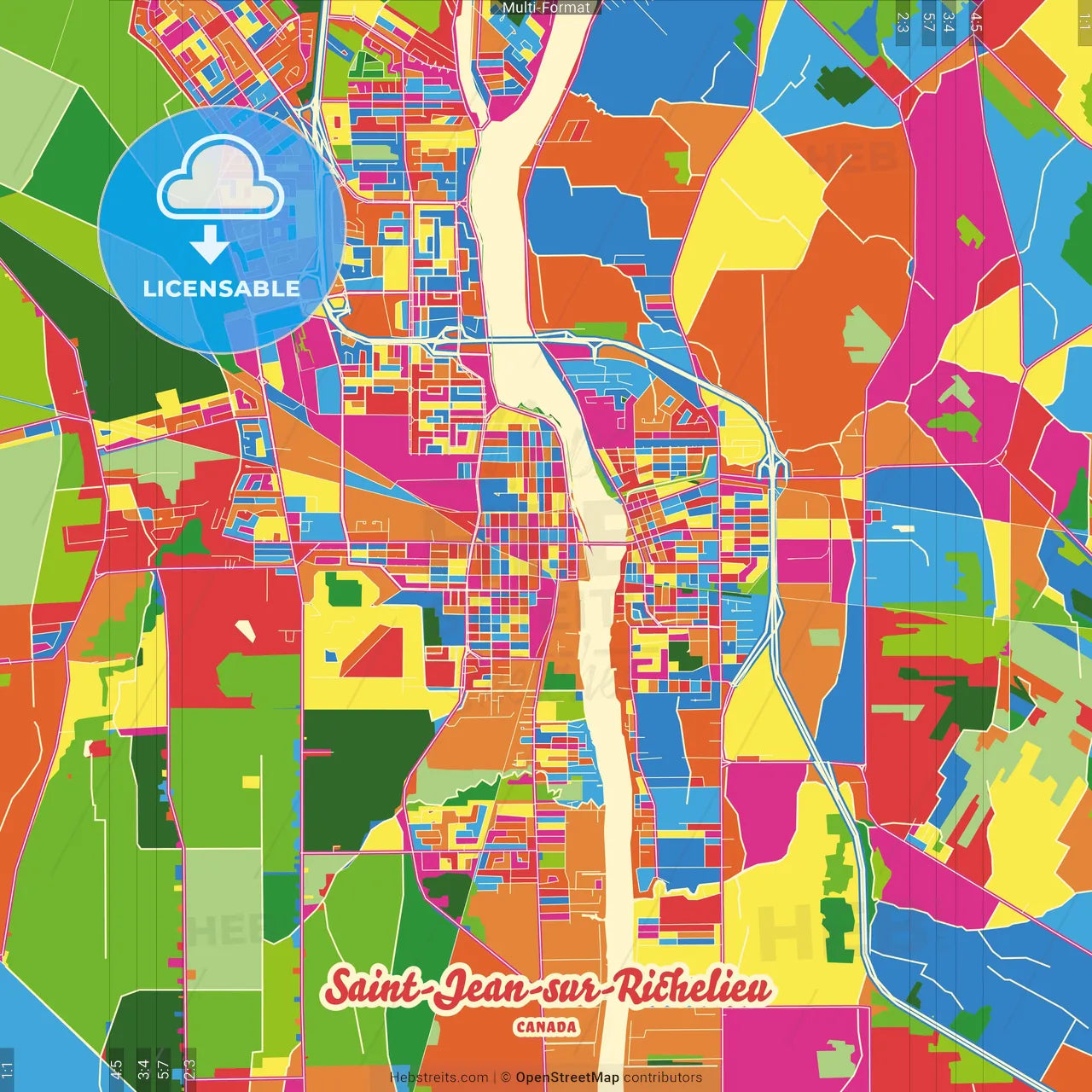 Saint-Jean-sur-Richelieu, Quebec, Canada Crazy Colorful Street Map Poster Template
