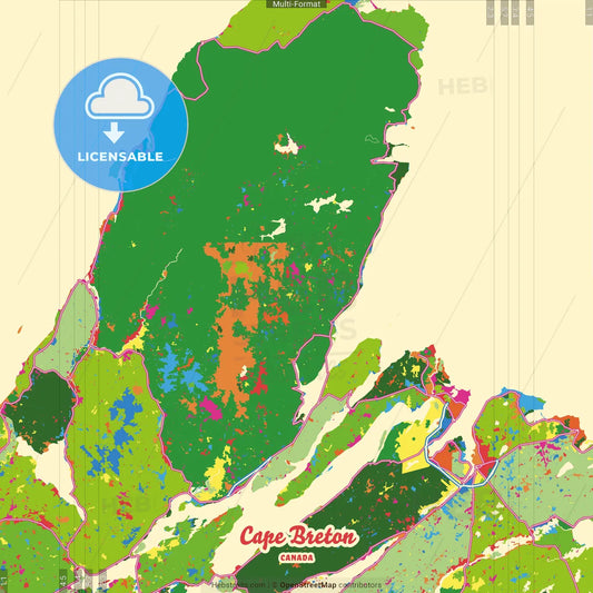 Cape Breton, Nova Scotia, Canada Crazy Colorful Street Map Poster Template