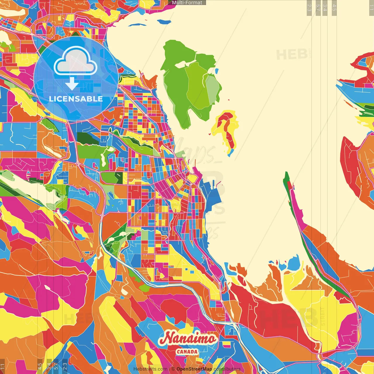 Nanaimo, British Columbia, Canada Crazy Colorful Street Map Poster Template