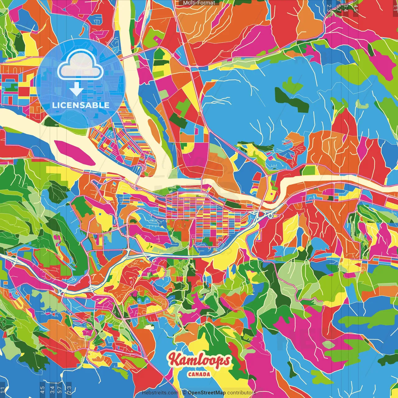 Kamloops, British Columbia, Canada Crazy Colorful Street Map Poster Template