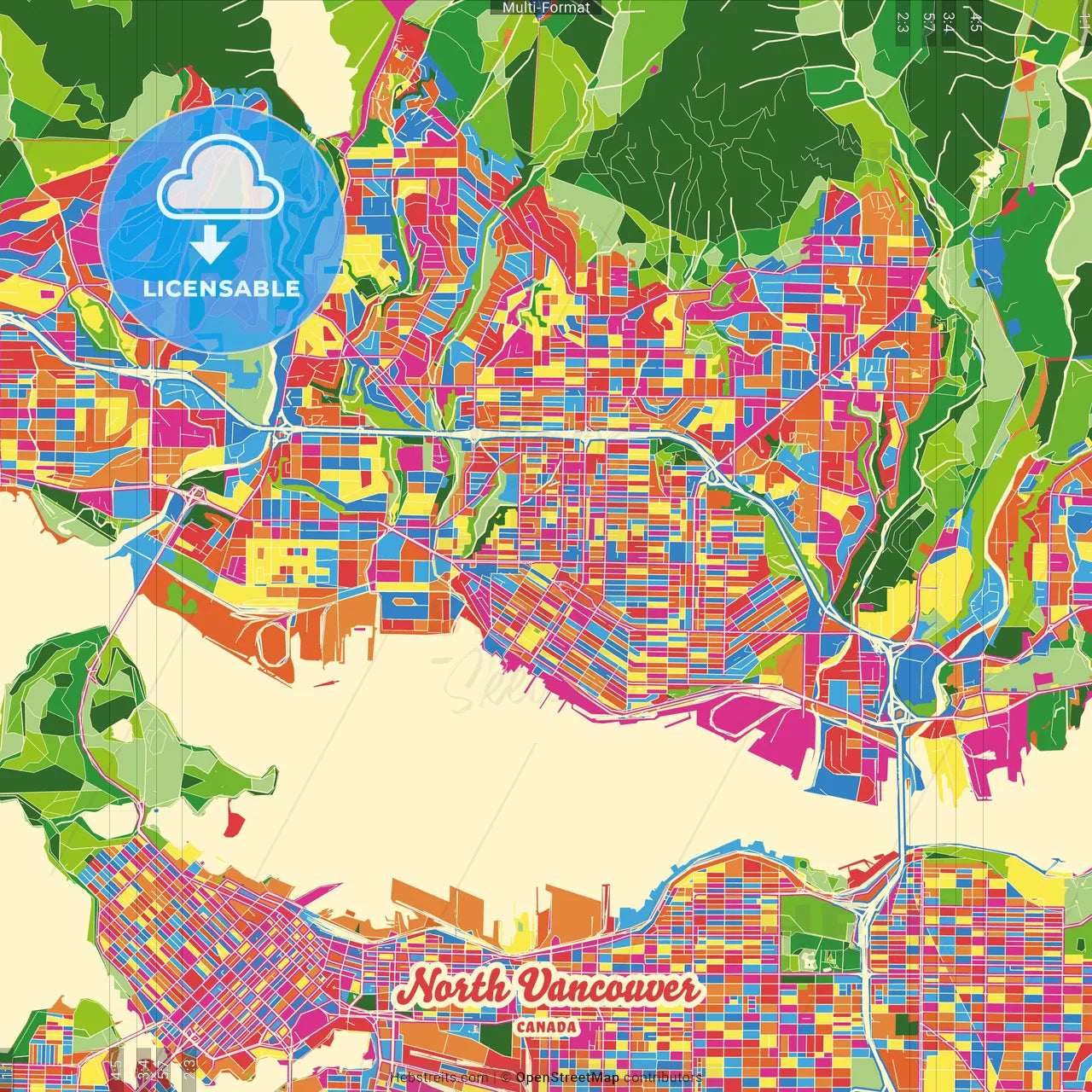North Vancouver, British Columbia, Canada Crazy Colorful Street Map Poster Template
