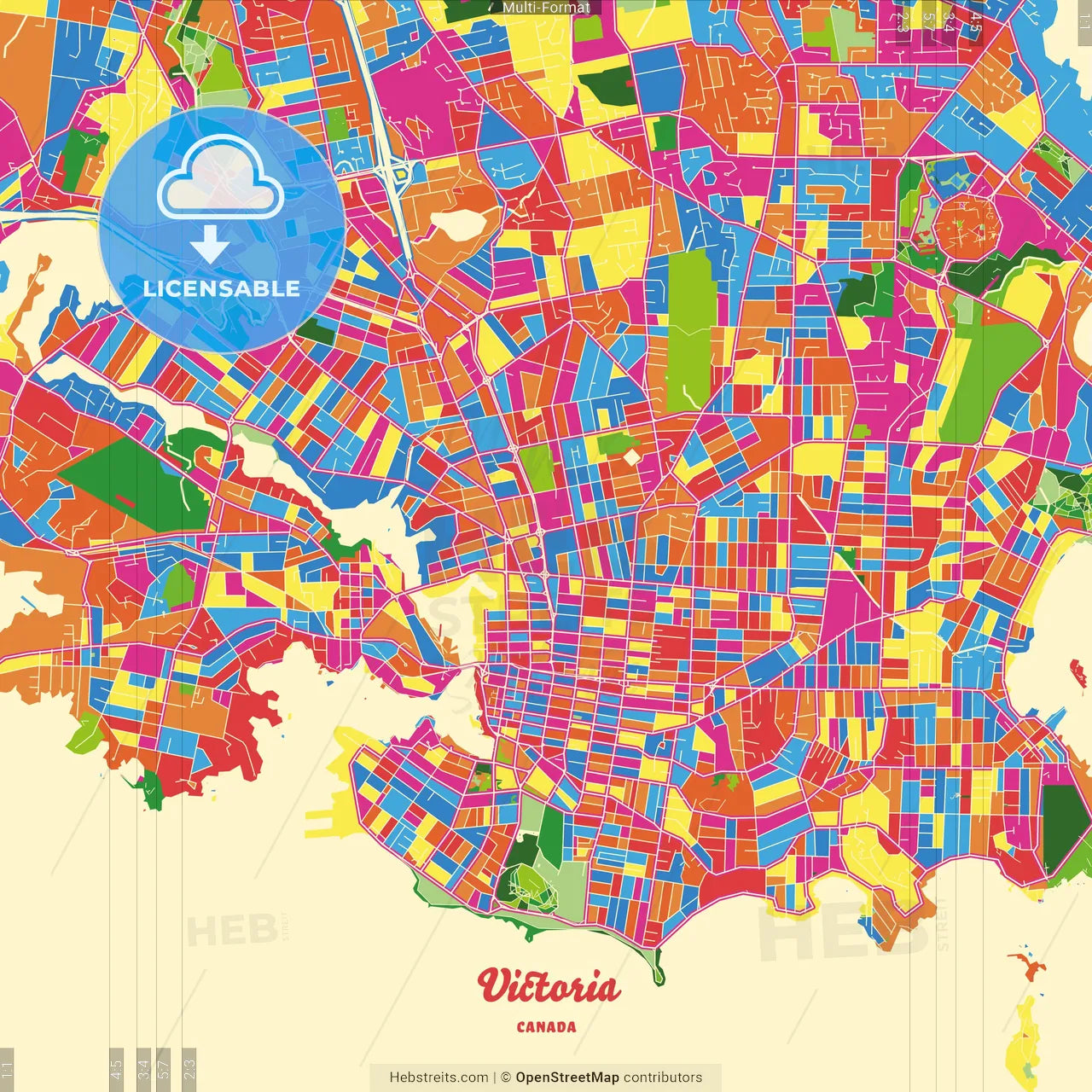 Victoria, British Columbia, Canada Crazy Colorful Street Map Poster Template