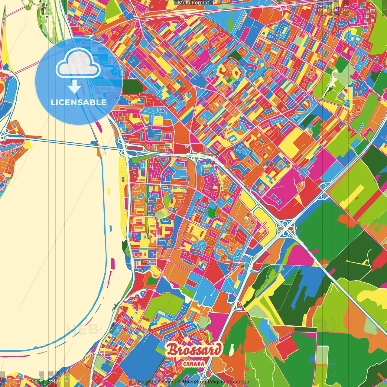 Brossard, Quebec, Canada Crazy Colorful Street Map Poster Template